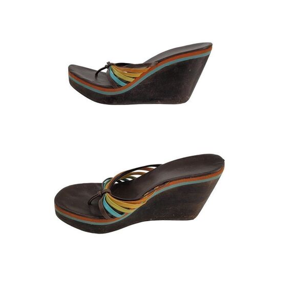Vintage 90s BCBG Platform Wedge Sandals 9 Rainbow Strappy Wood Hippie Pride - Picture 3 of 11